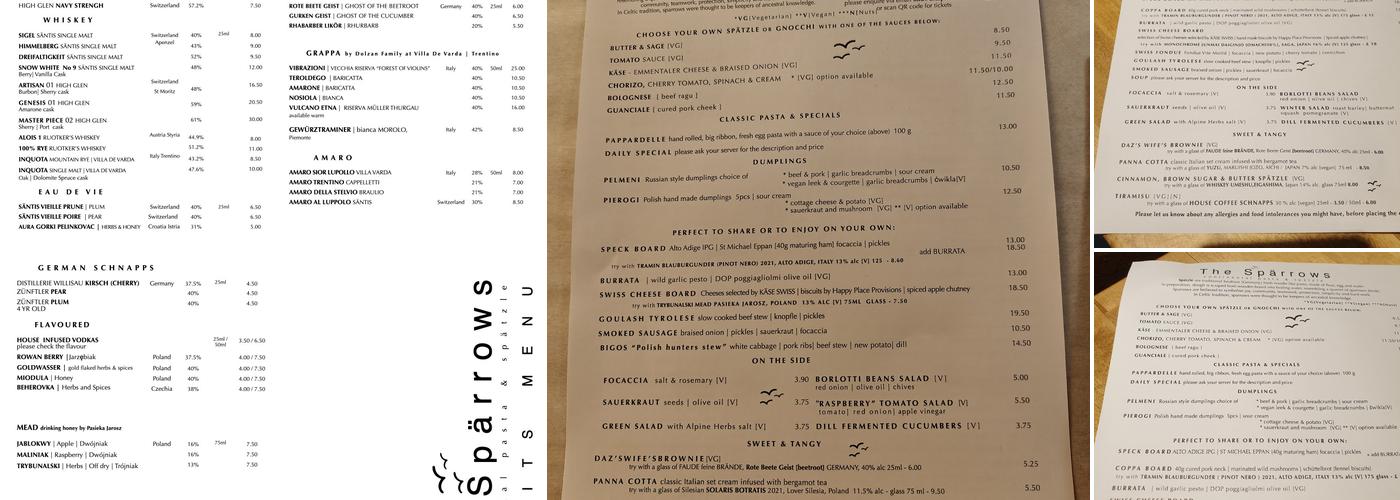 The Sparrows Continental Pasta & Spätzle Menu