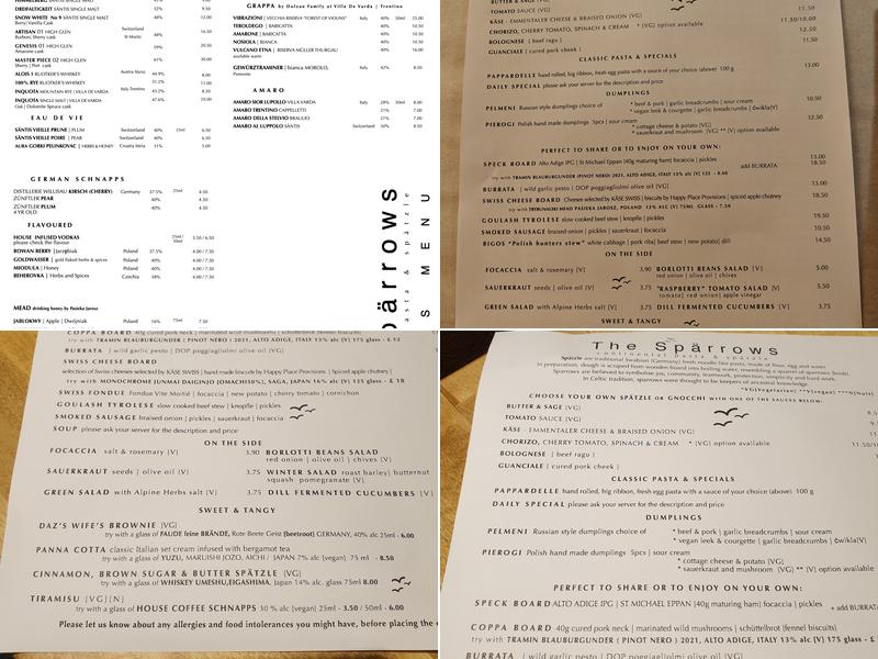 The Sparrows Continental Pasta & Spätzle Menu