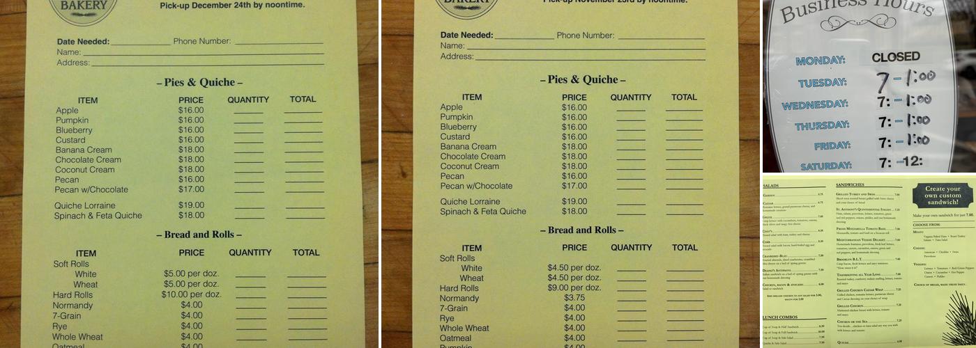 St Anthony's Bakery Menu