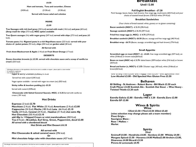 Greene King Beer Café & Brewery Tours Menu