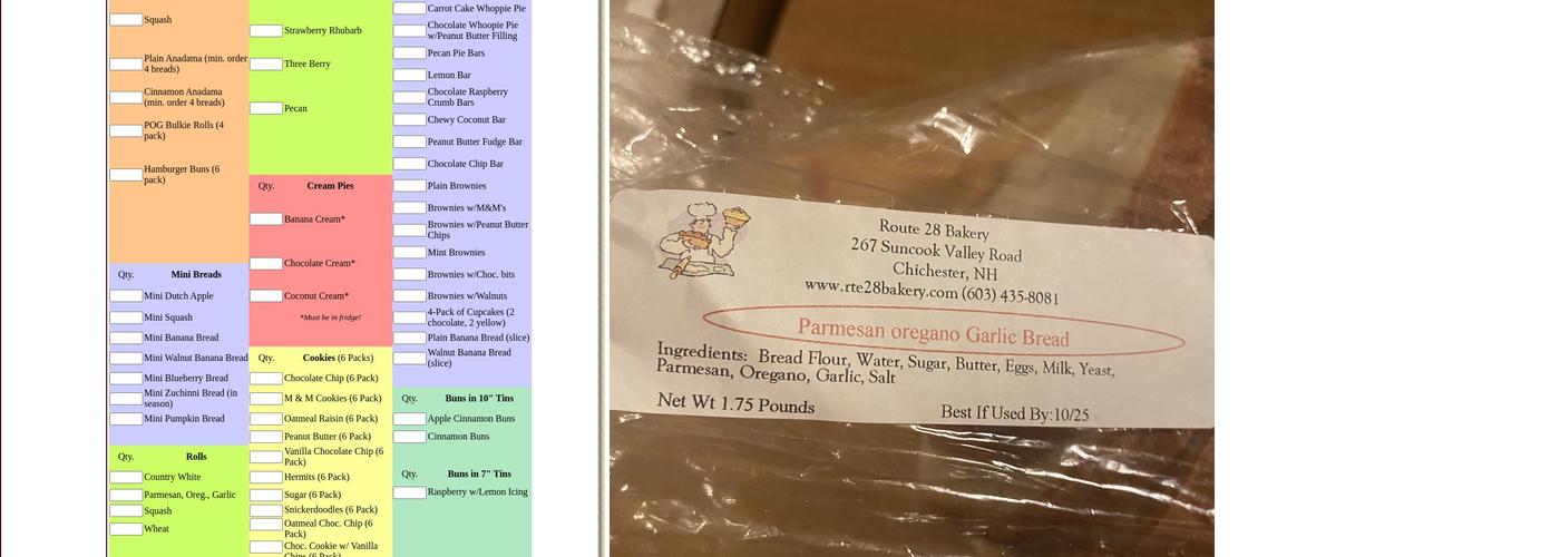 Route 28 Bakery Menu