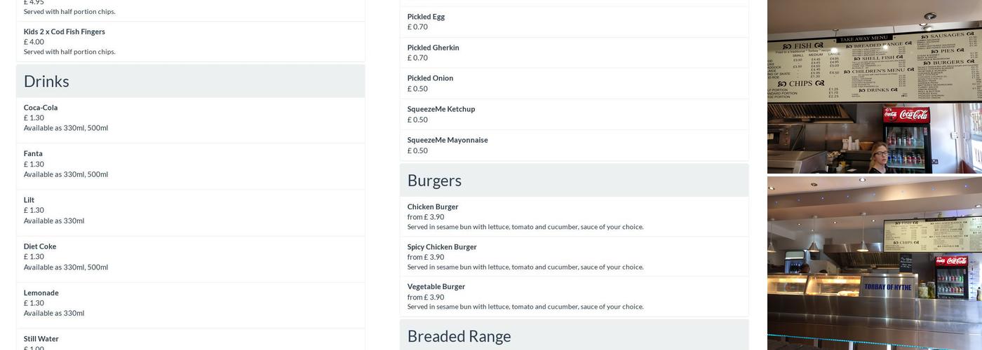 Torbay Of Hythe Menu