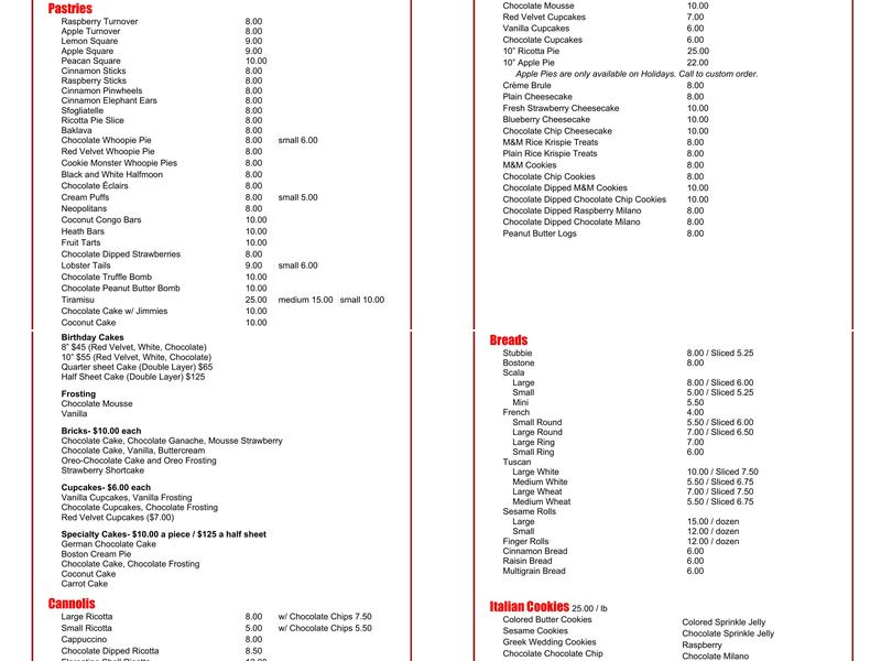 Bova's Bakery Menu