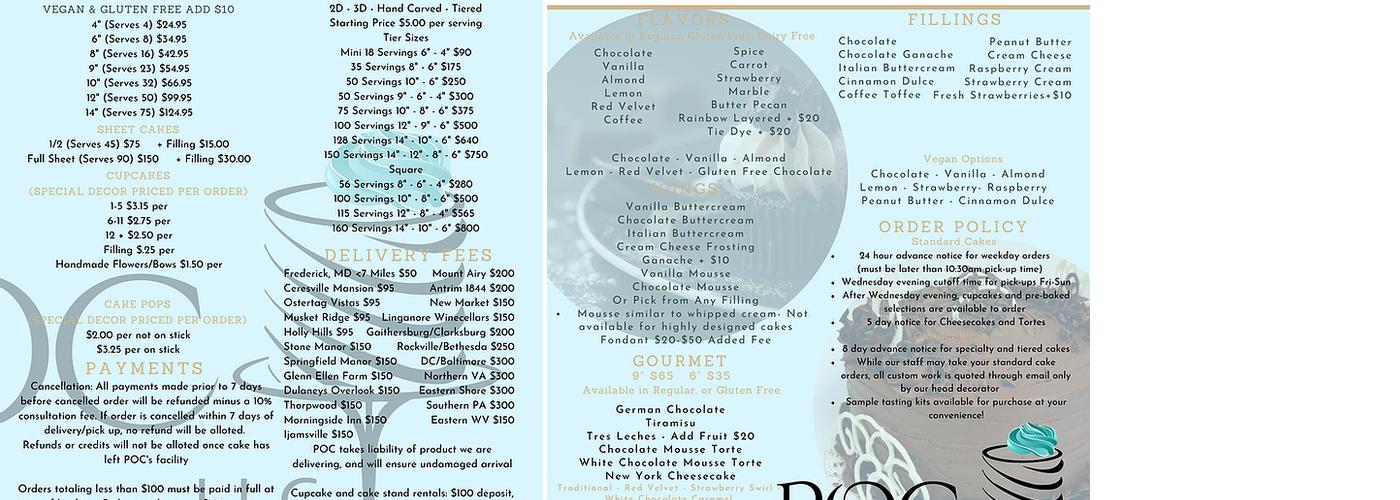 Piece O' Cake, LLC Menu