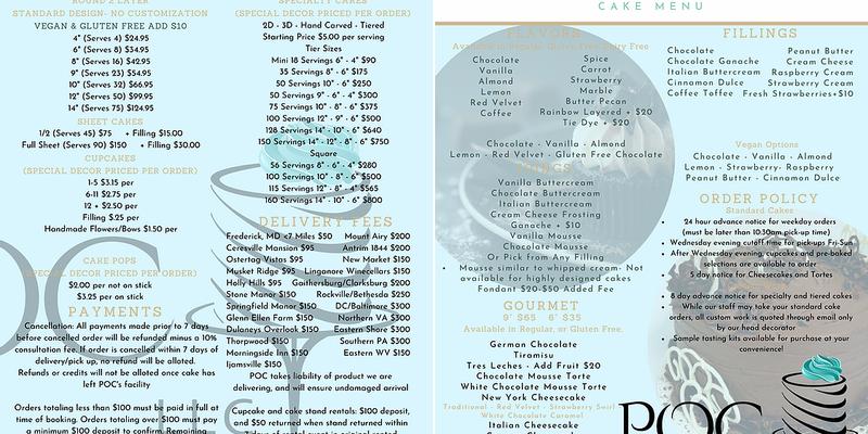 Piece O' Cake, LLC Menu