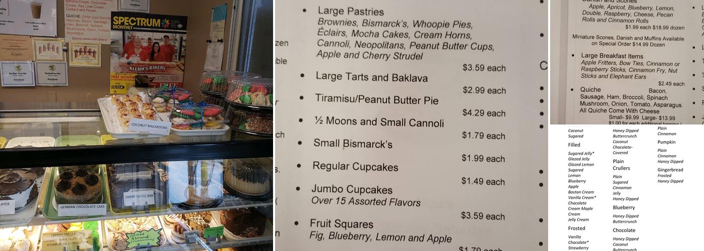 Klemm's Bakery Menu