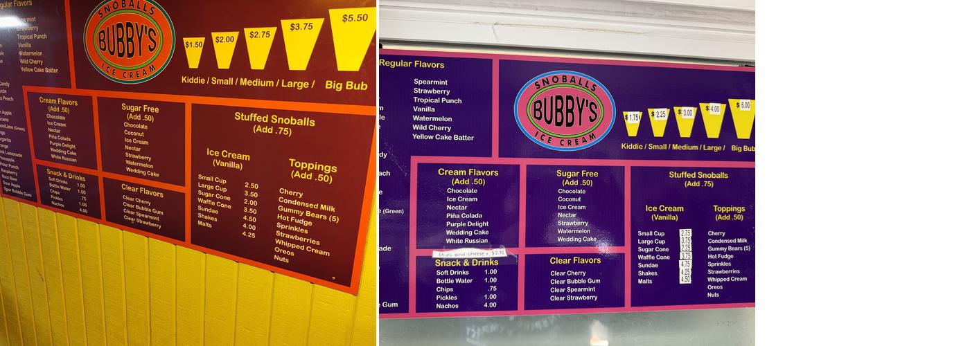 Bubby's Snoballs Menu