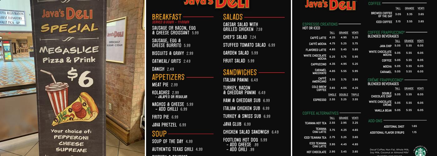 Java at Sam's Town Menu