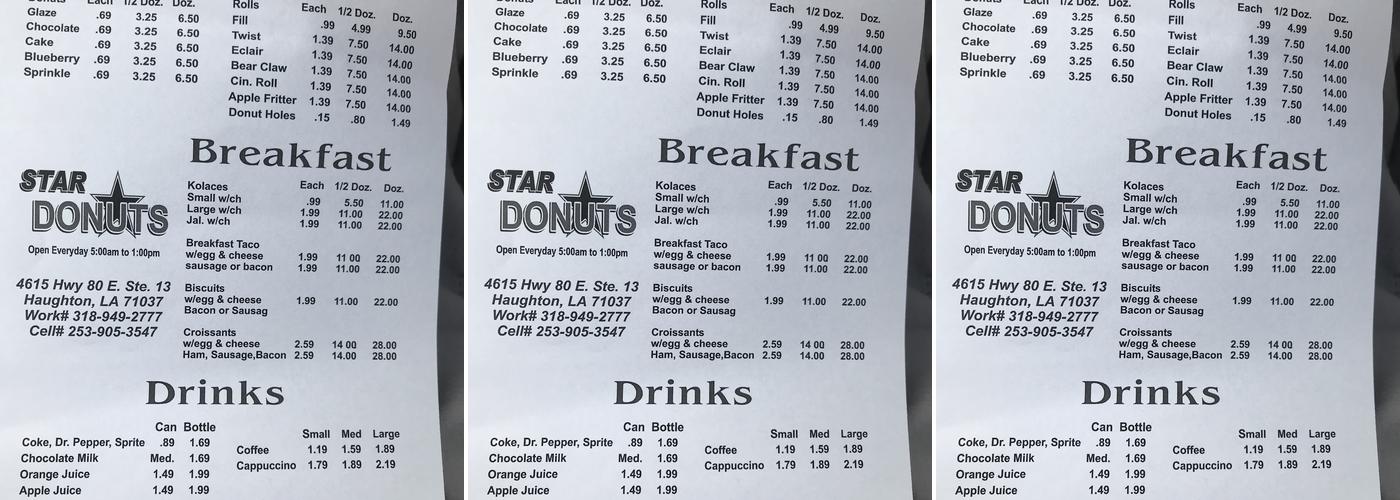 Star Donuts Menu