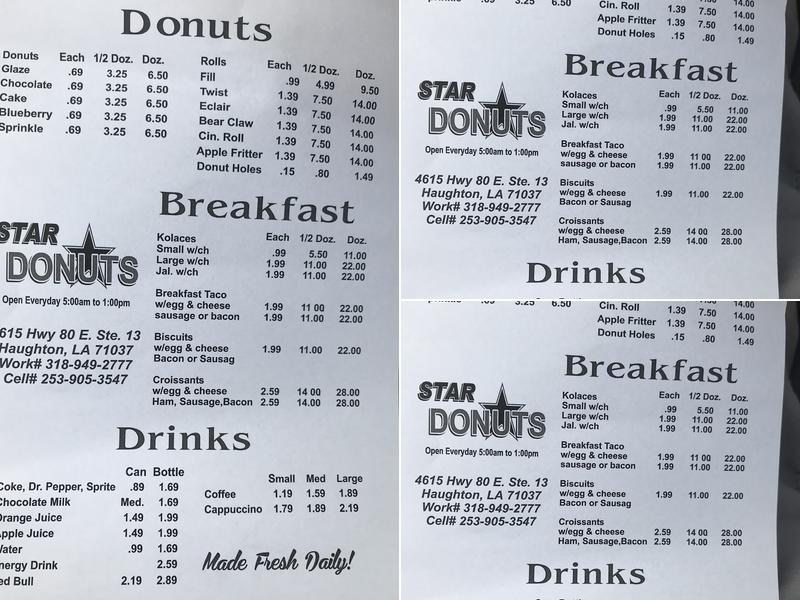 Star Donuts Menu