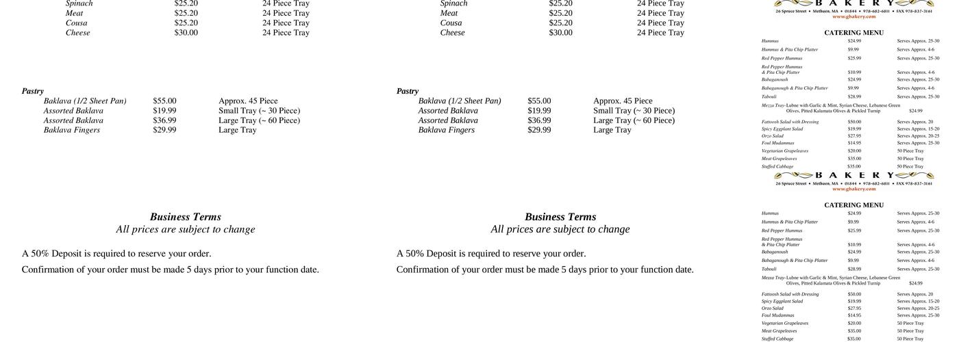 George's Bakery Menu