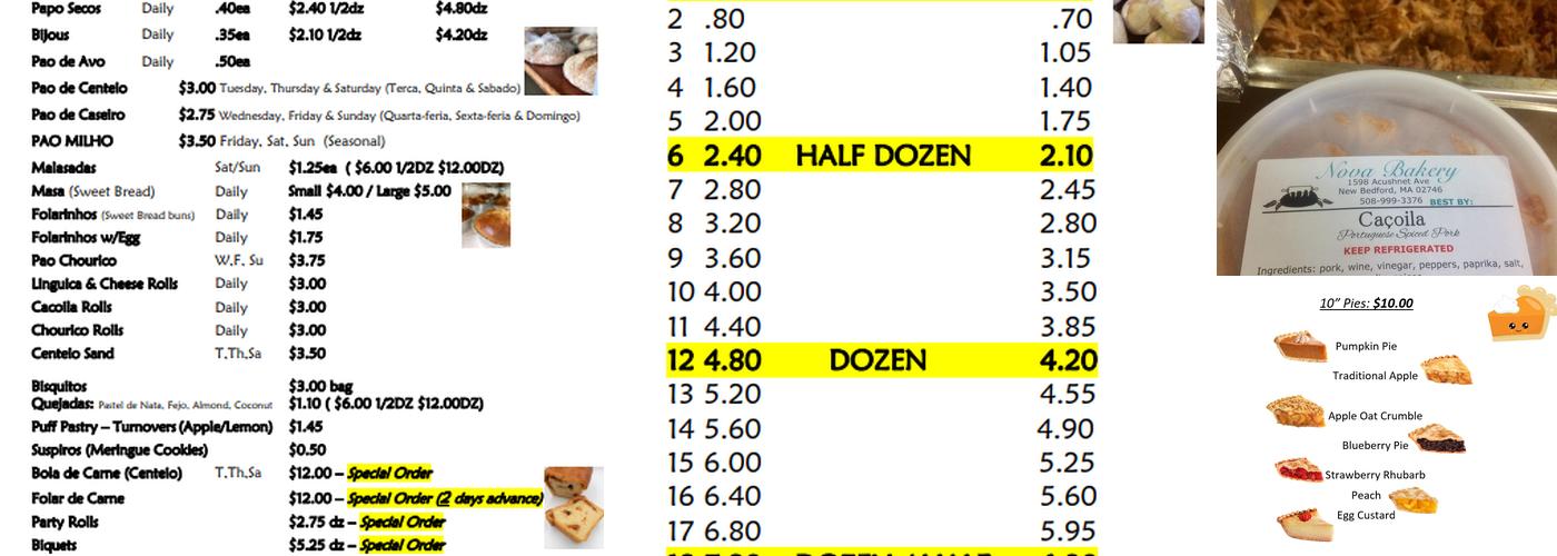 Padaria Nova Bakery Menu