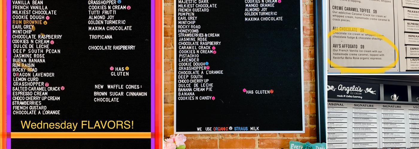 Angela’s Organic Ice Cream Menu