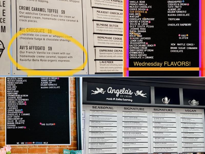 Angela’s Organic Ice Cream Menu