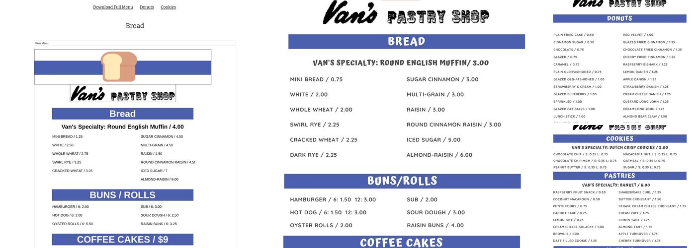 Van's Pastry Shoppe Menu