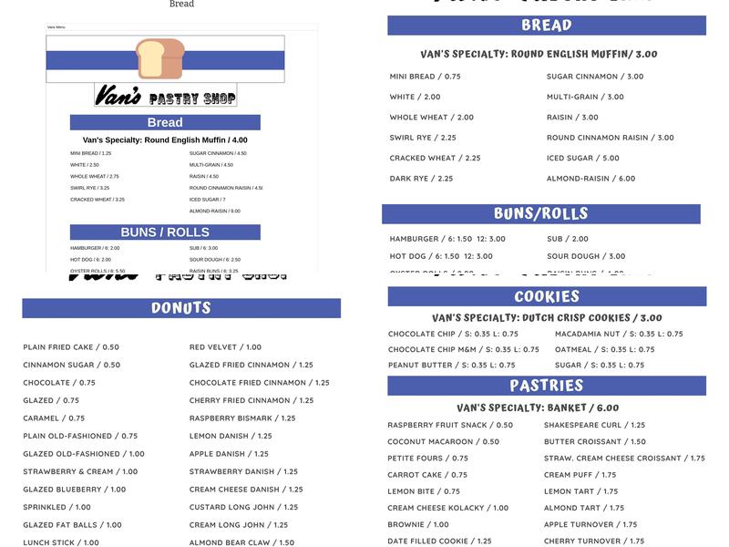 Van's Pastry Shoppe Menu