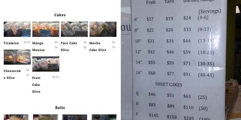 QQ Bakery Menu