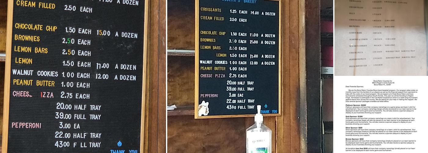 Joseph's Bakery Menu