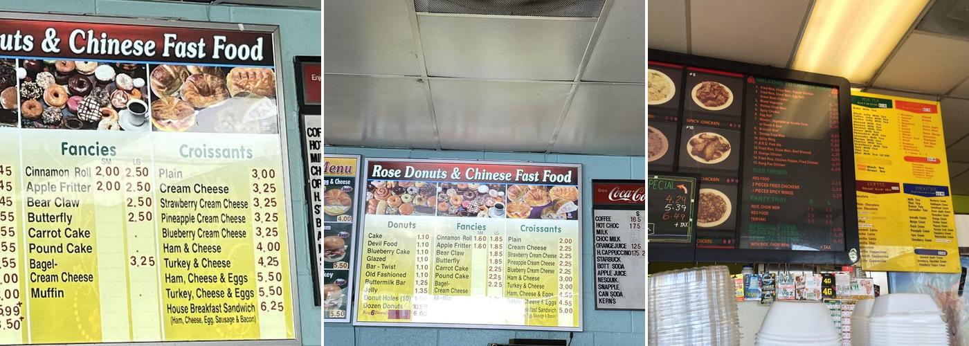 Rose Donuts and Chinese Fast Food Menu
