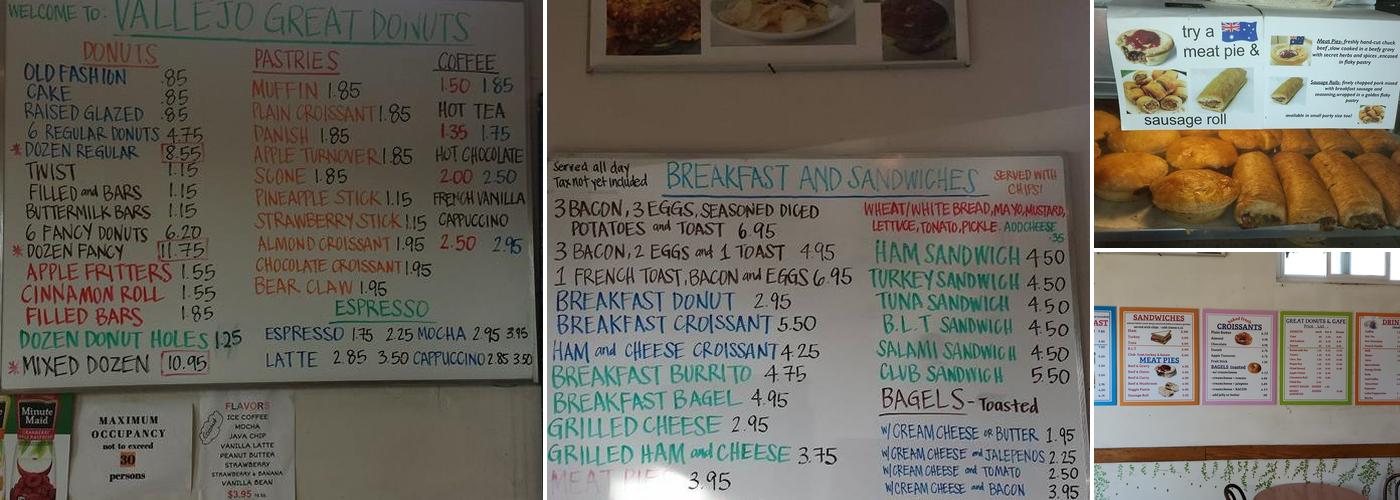 Vallejo Great Donuts Menu