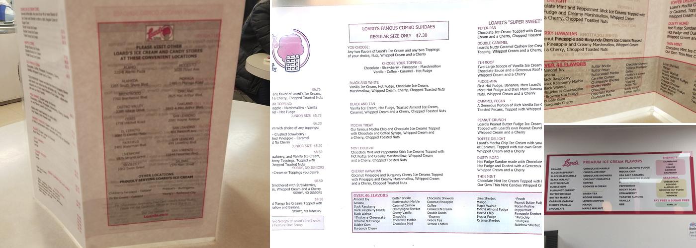 Loard's Ice Cream Menu