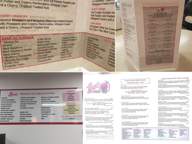 Loard's Ice Cream Menu