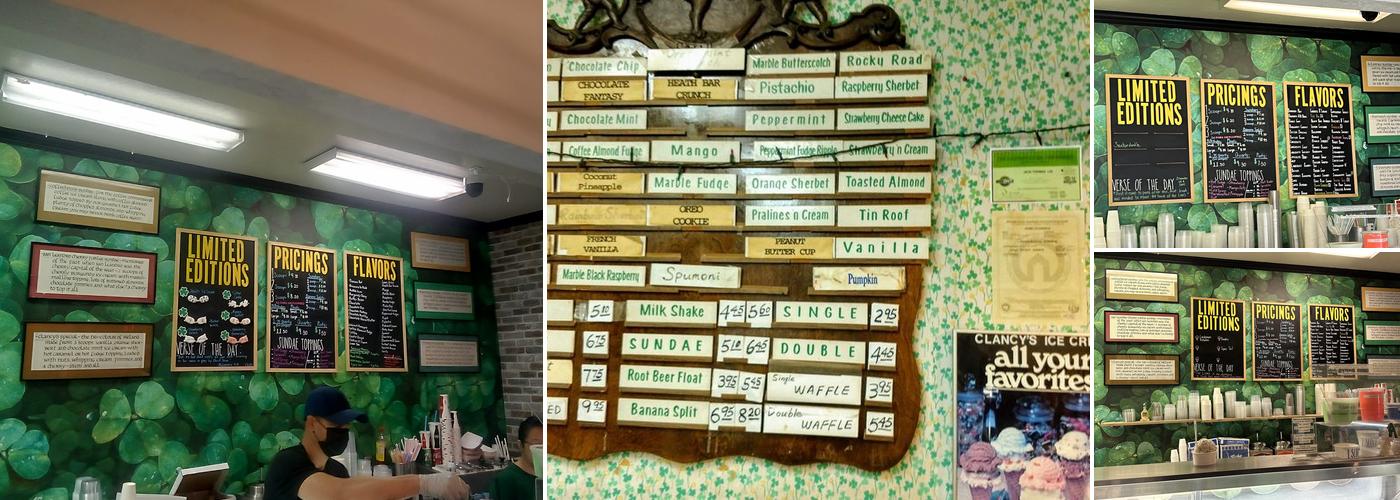 Clancy's Ice Cream Parlour Menu