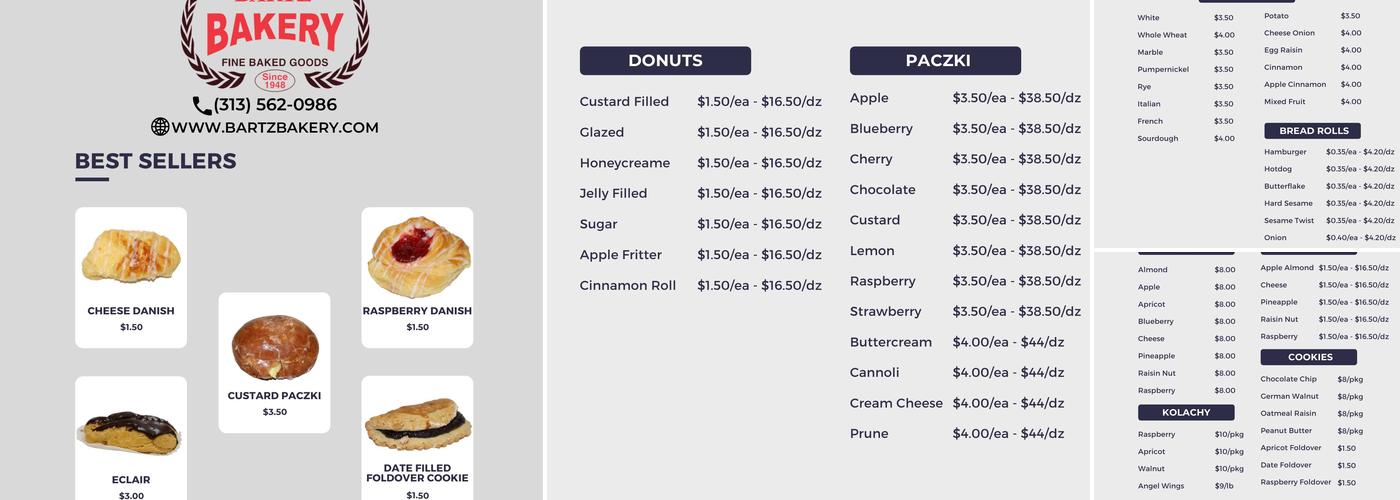 Bartz Bakery Menu