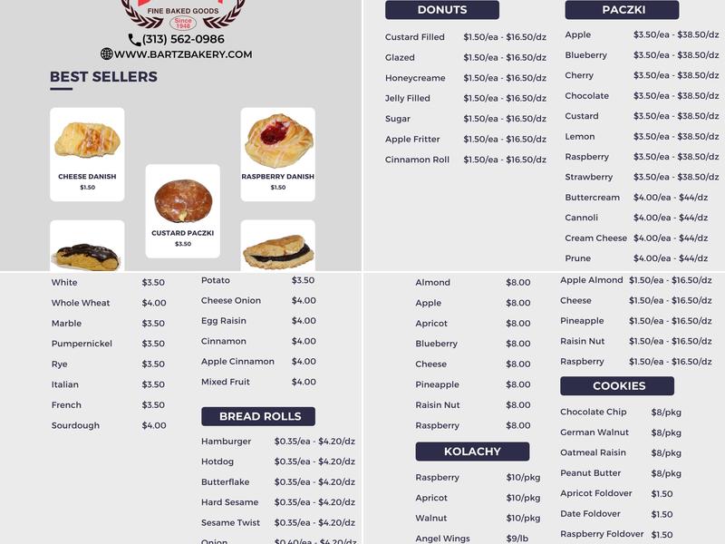 Bartz Bakery Menu