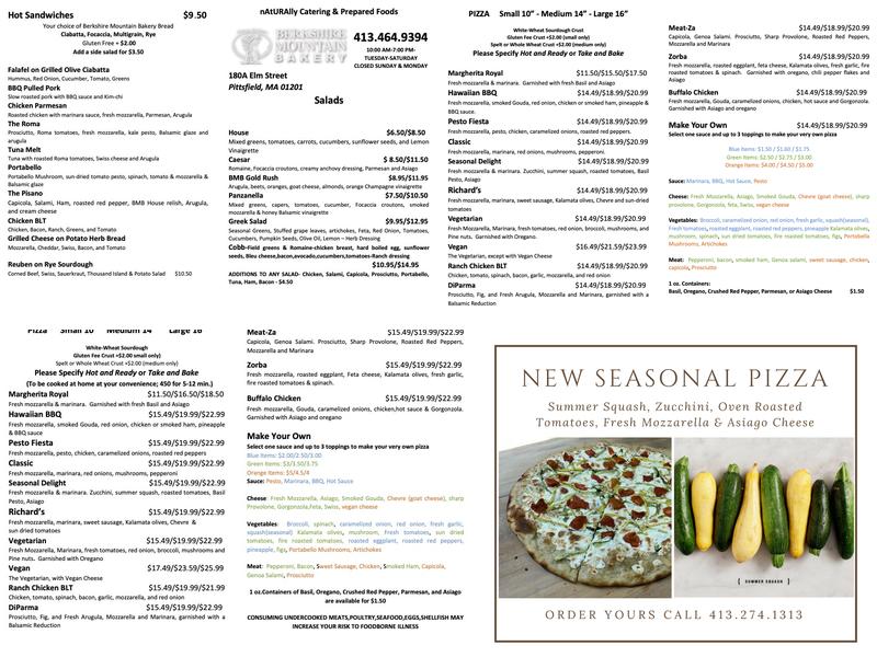 Berkshire Mountain Bakery Menu