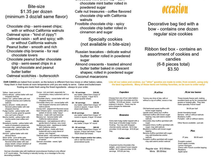 Baker's Acre LLC Menu