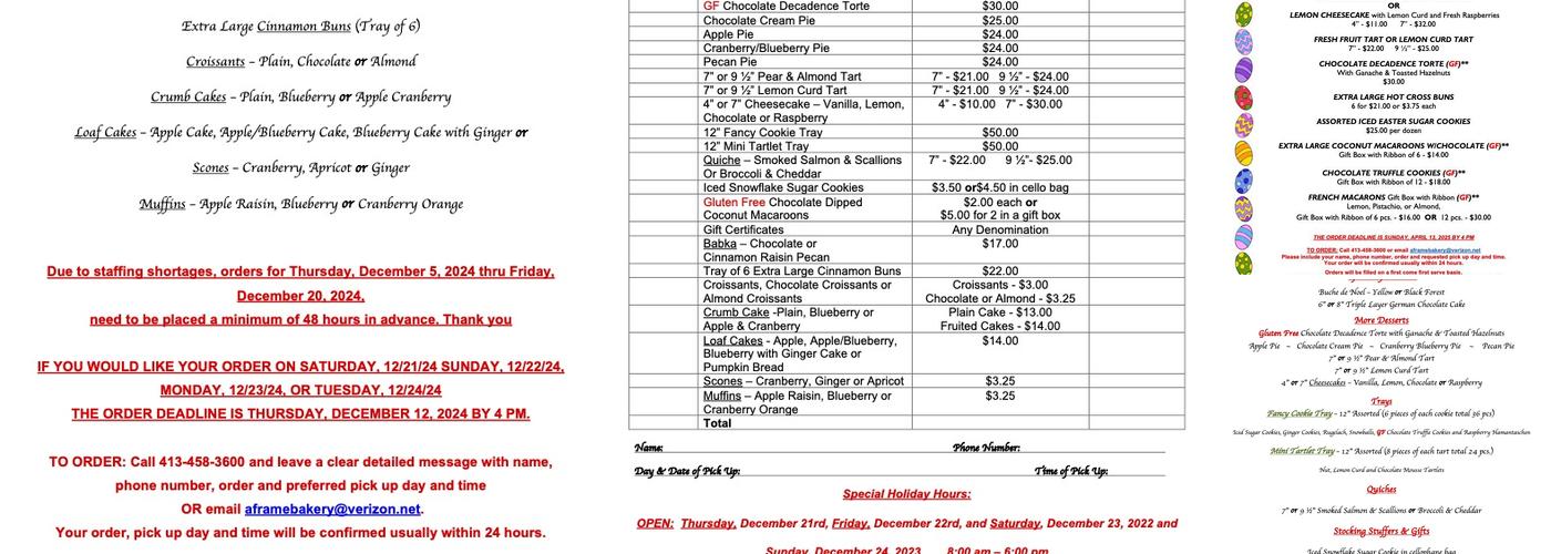 A-Frame Bakery Menu