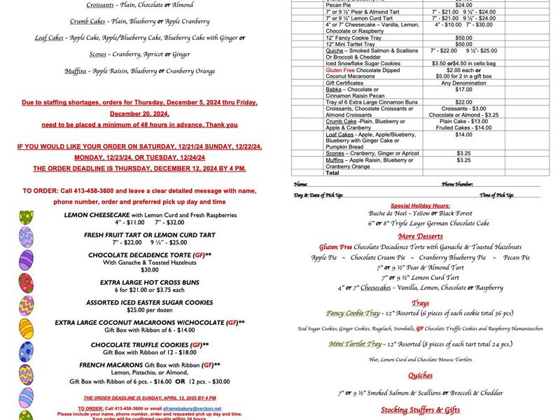 A-Frame Bakery Menu