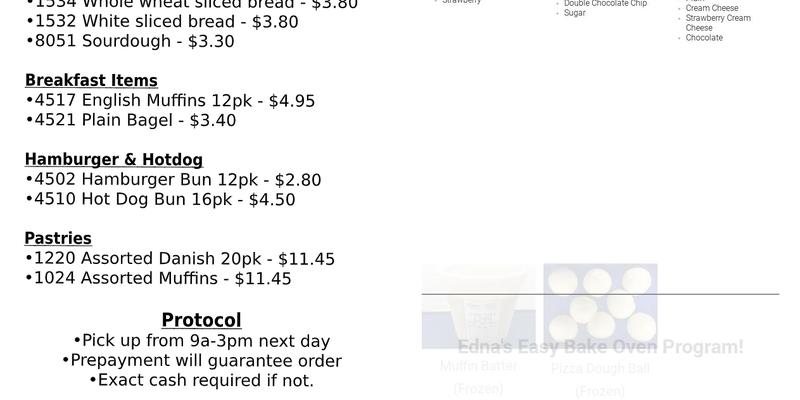 Edna's Bakery Menu