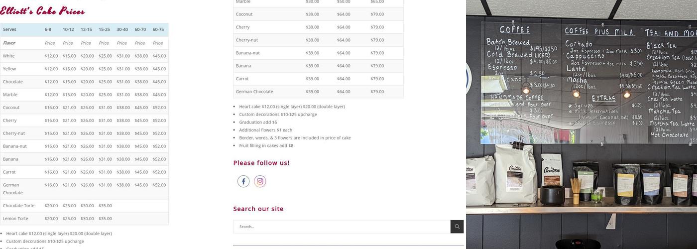 Elliotts Bakery Menu