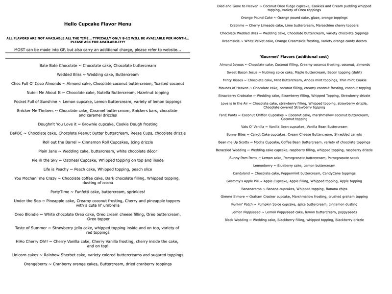 Hello Cupcake Menu