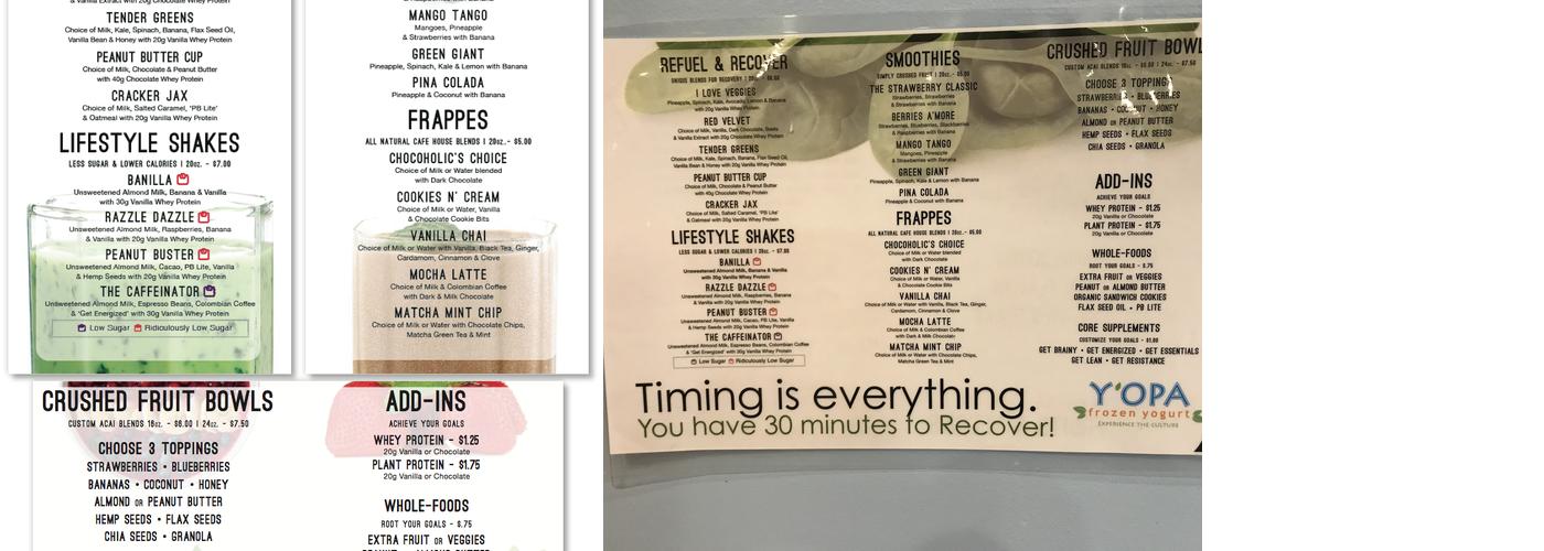 Y'OPA Frozen Yogurt Menu