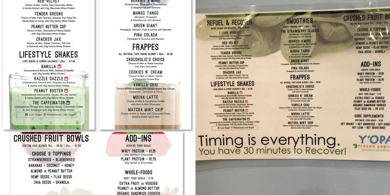 Y'OPA Frozen Yogurt Menu
