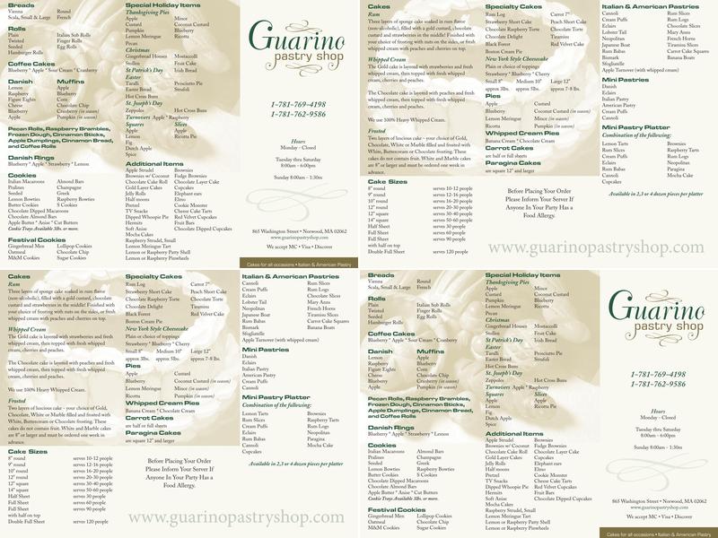 Guarino's Pastry Shop Menu