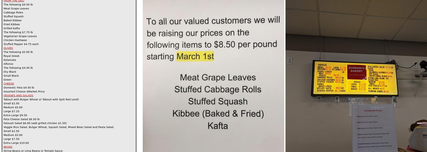 Korbani's Bakery Menu