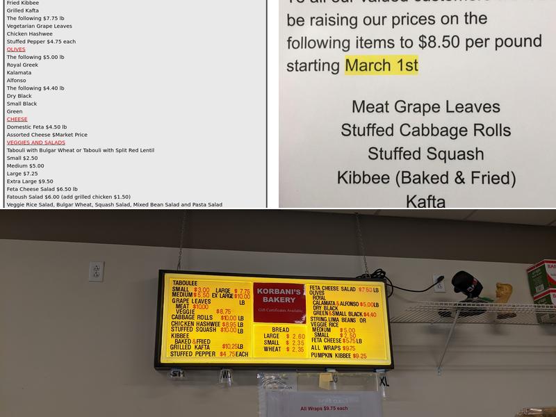 Korbani's Bakery Menu