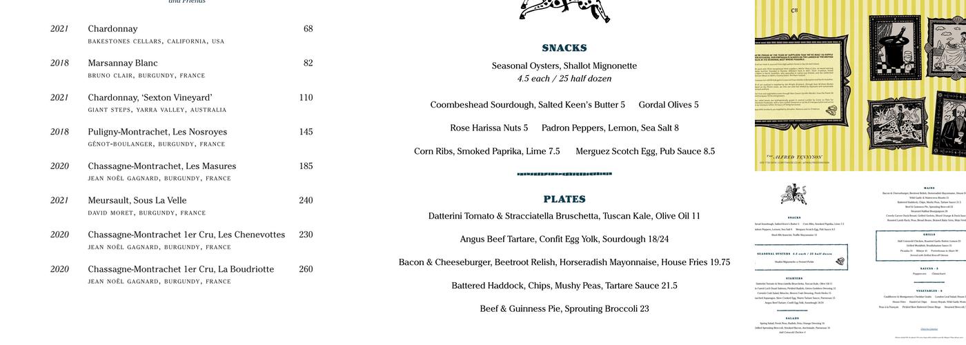 The Alfred Tennyson Pub Belgravia Menu