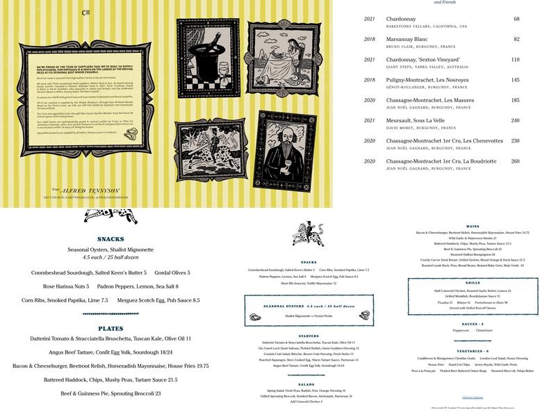The Alfred Tennyson Pub Belgravia Menu