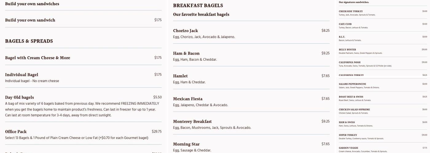 Creekside Bagel Bakery Menu
