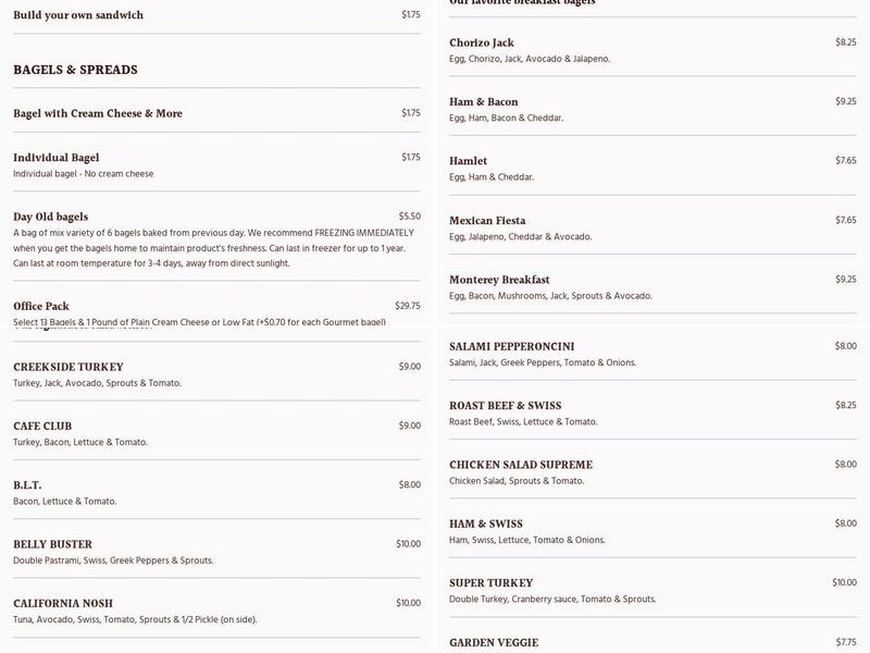 Creekside Bagel Bakery Menu
