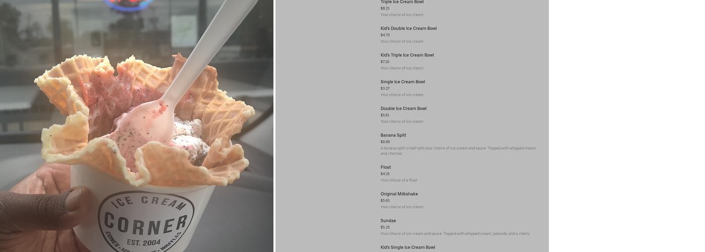 Ice Cream Corner Menu