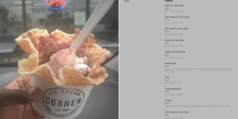 Ice Cream Corner Menu