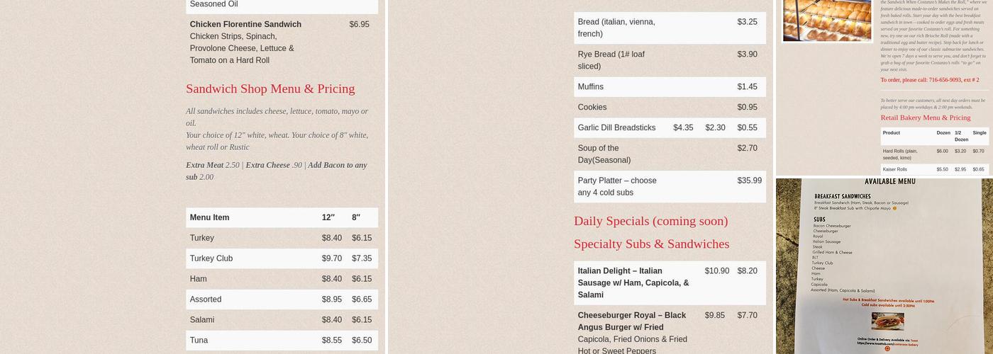 Costanzo's Bakery Menu