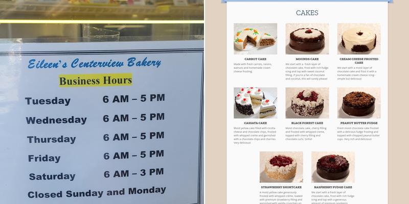 Eileen's Centerview Bakery Menu