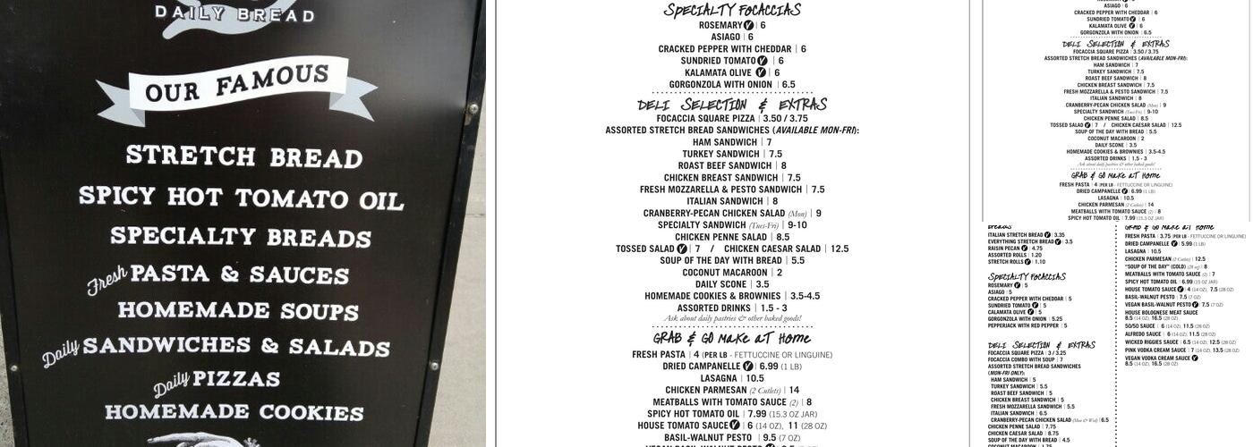 Pasta's Daily Bread Menu